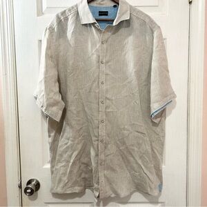 Rochester Men's Linen Beige Short-Sleeve Button-Up Shirt Light Blue Trim. Sz 1XL